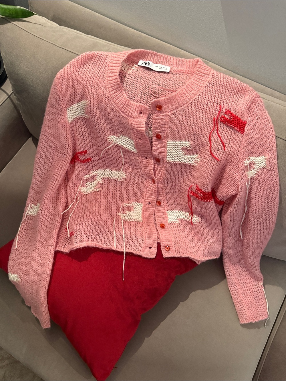 Zara Pink Knit Cardigan with White & Red Patch Details